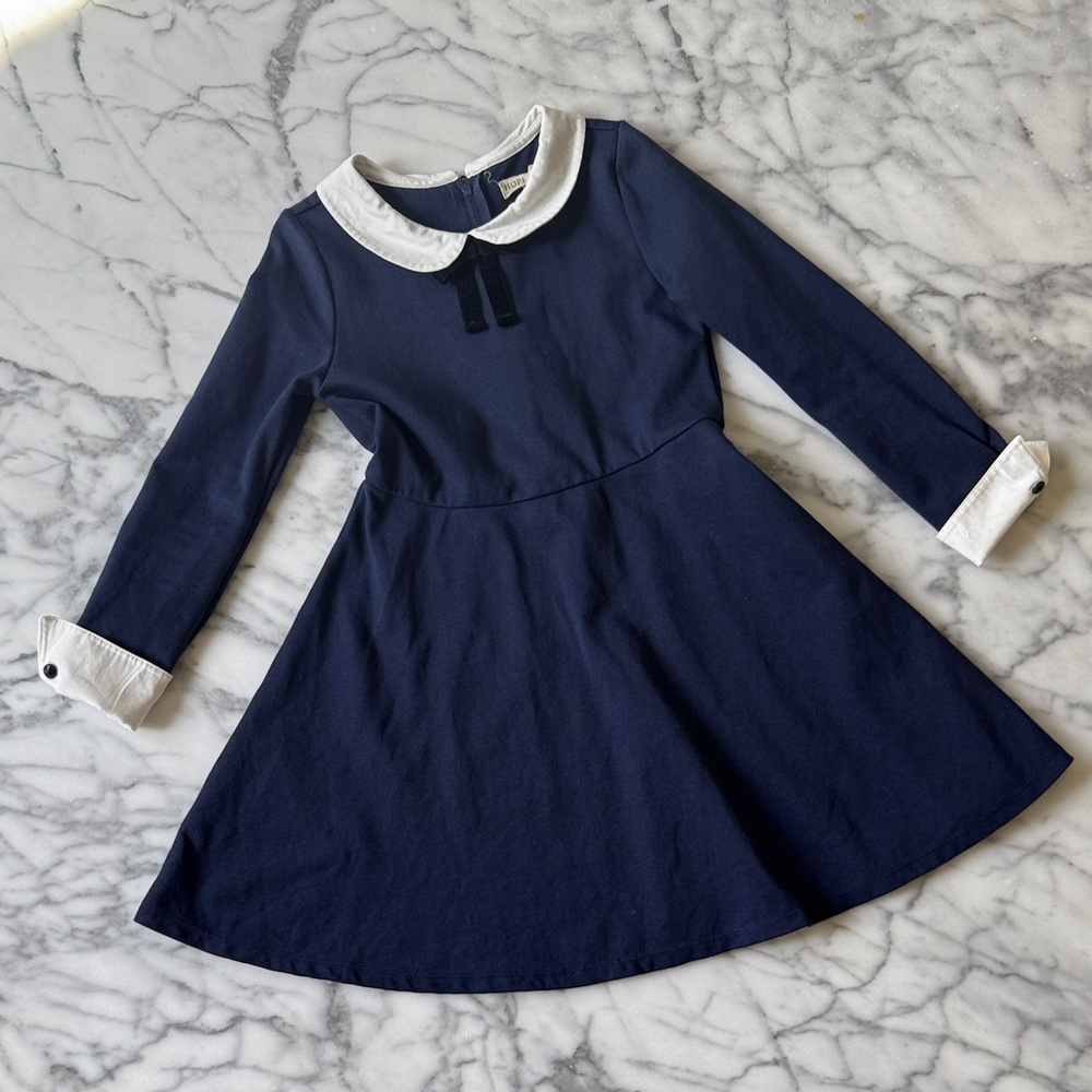 Hope & Henry Girls Navy Long-Sleeve Dress with White Peter Pan Collar Size 6